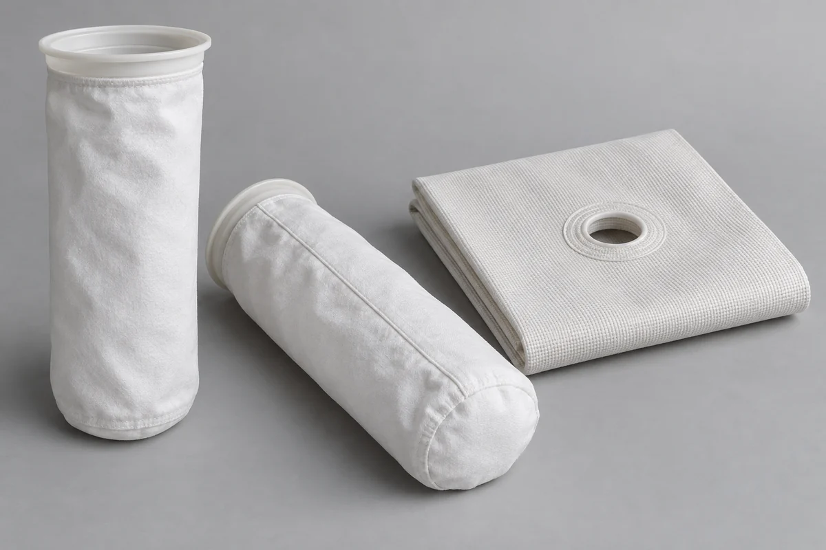 AI-generated illustrative arrangement of liquid filter bags and filter press cloth; not an actual supplier product.