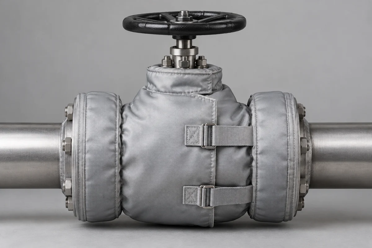 AI-generated illustrative removable insulation jacket around a valve and flange; not an actual supplier product.
