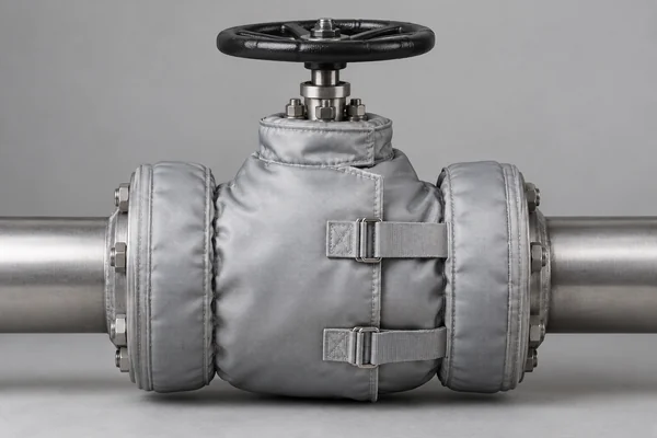 AI-generated illustrative removable insulation jacket around a valve and flange; not an actual supplier product.